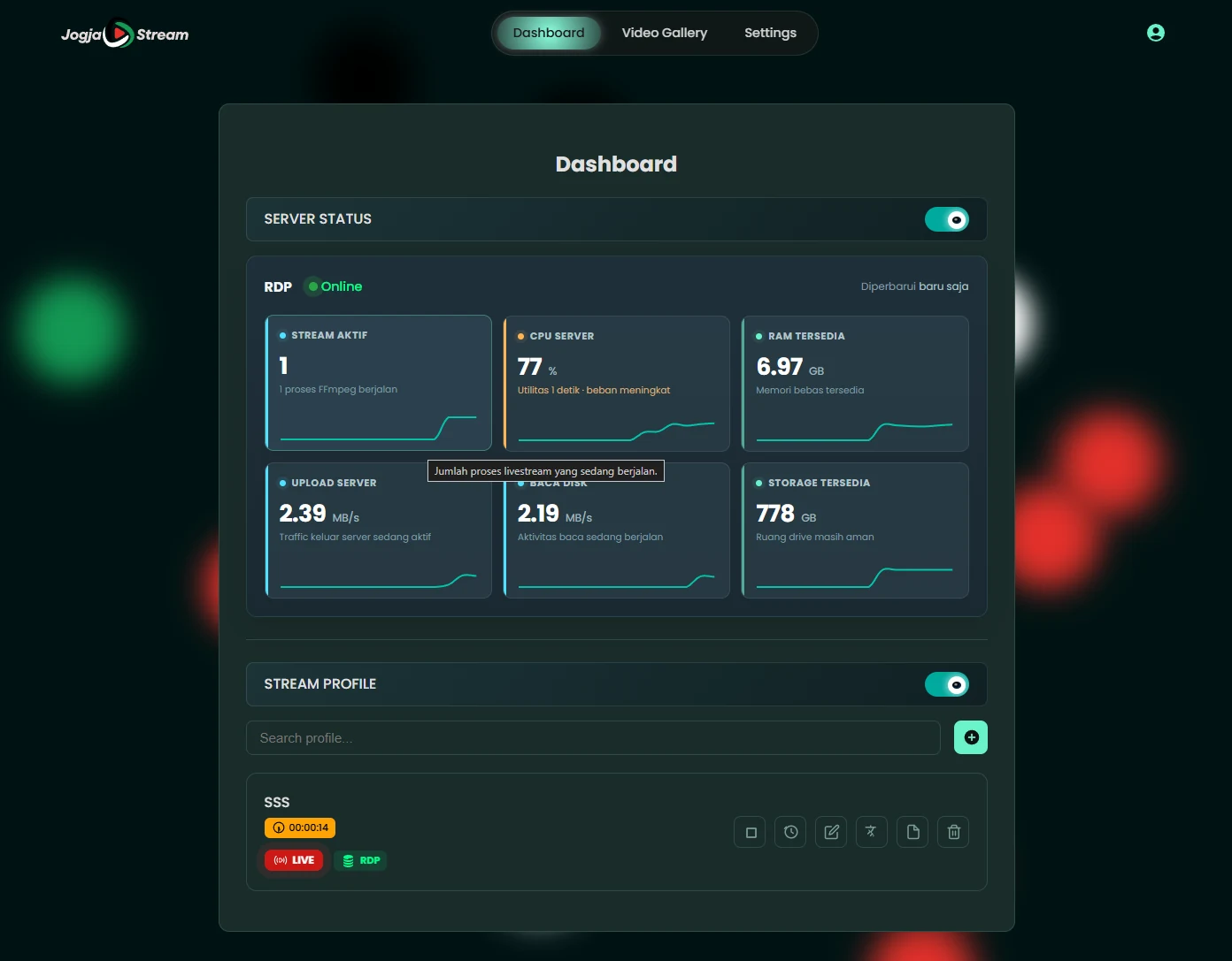Dashboard asli JogjaStream untuk memantau status server dan profil livestream